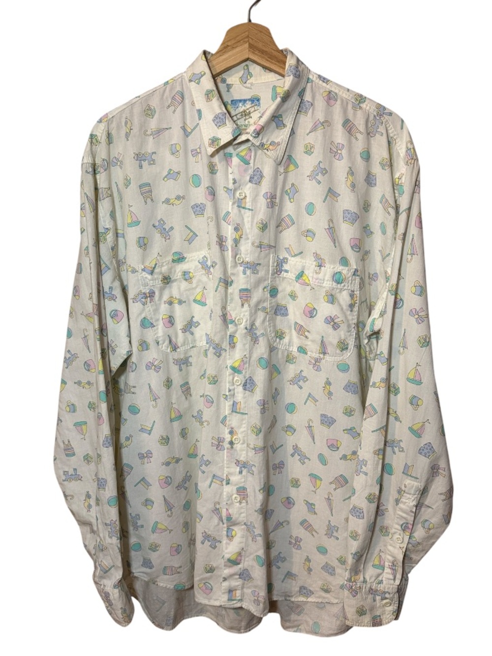 Vintage United Colors Of Benetton White Pastel Print Button-Down Shirt Size XL